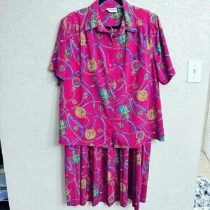 Vintage Alfred Dunner 2 Piece Skirt Set Pink Pleated Horse Chain Print Size 18